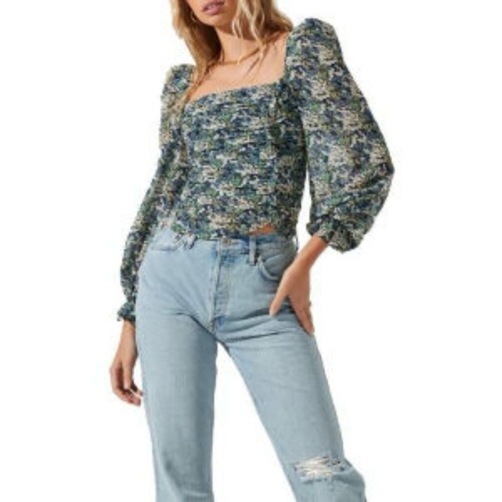 ASTR the Label Womens Tonina Blue Floral Ruched  Puff Sleeve Blouse Top L